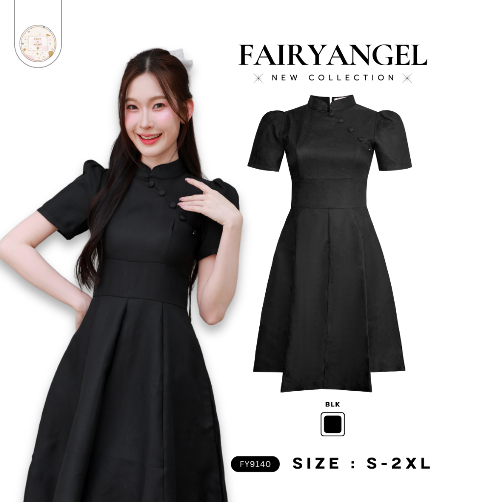 Fairyangelstore - เดรสสั้นคอจีนแขนพัฟเอวเข้ารูป (FY9140)