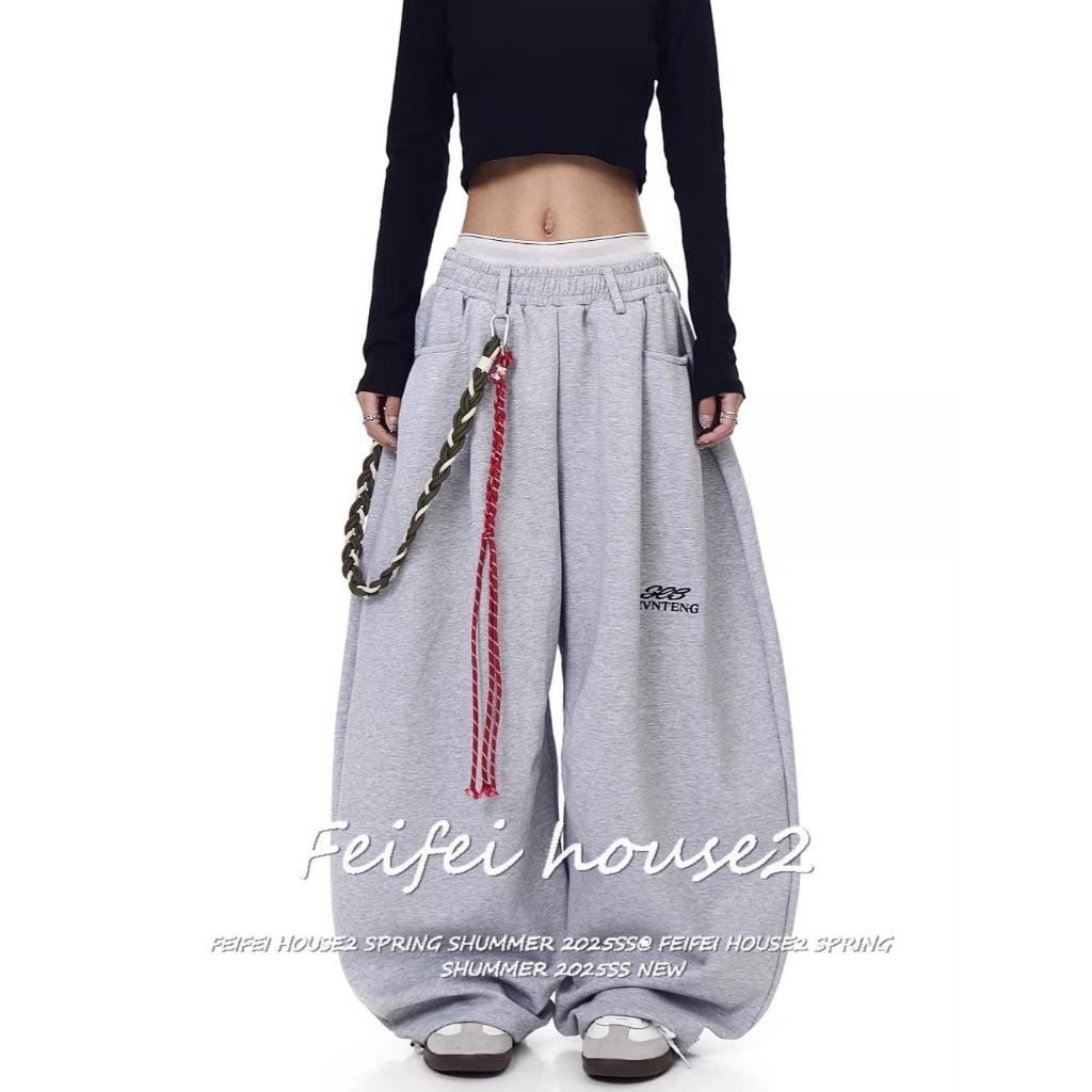 [Simple Letter Embroidered Trousers]ผู้หญิงสำหรับสไตล์เรโทรเรียบง่ายปักลายกางเกงขายาวทรงหลวม