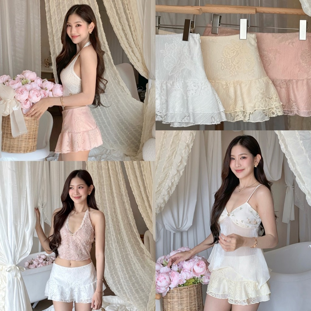 NICHARIS - กระโปรงสั้นลูกไม้เอวกลาง รุ่น Juliette Lace Skirt