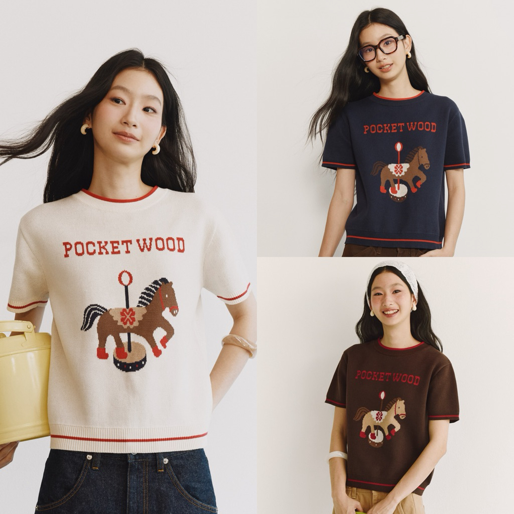 Mova Knit Tee [พร้อมส่ง] เสื้อไหมพรมแขนสั้น ทอลายม้าบน Carousel