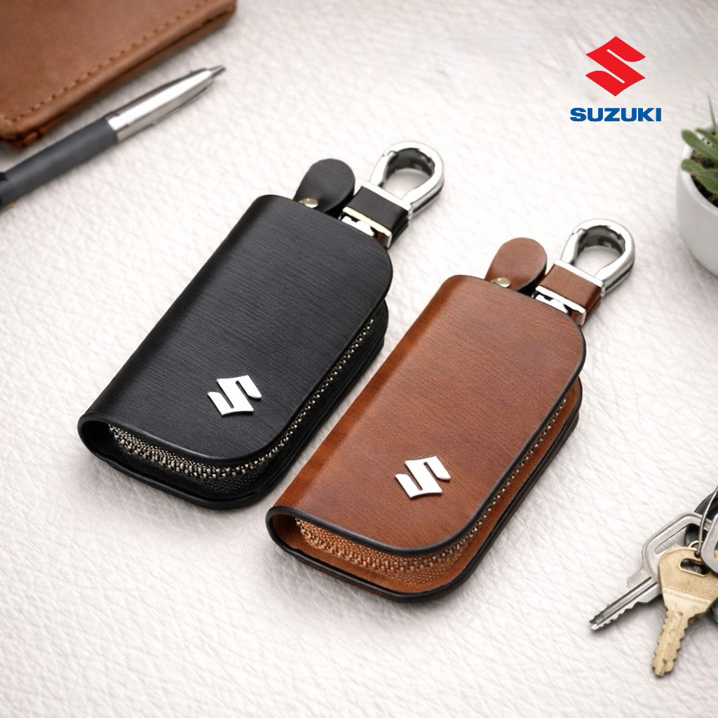 กระเป๋าซองหนังแท้ใส่กุญแจรีโหมดรถยนต์ โลโก้ Suzuki รุ่นซิบรอบ ลายไม้คลาสสิก