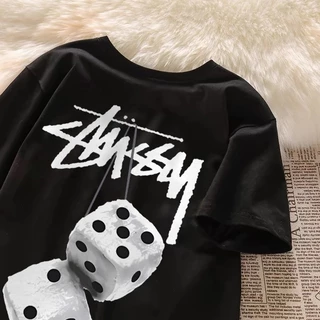 เสื้อยืดคอตตอนคุณภาพสูงสำหรับผู้ชาย เสื้อสั้นลายลูกเต๋าสไตล์ Stussy สตรีทอเมริกันหลวมๆ