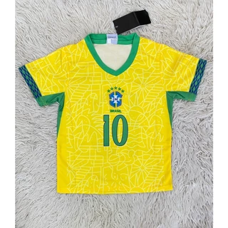 ชุดฟุตบอลเด็กสีเหลืองเบอร์10ชื่อNEYMRR JRทีมบราซิล เสื้อ+กางเกง