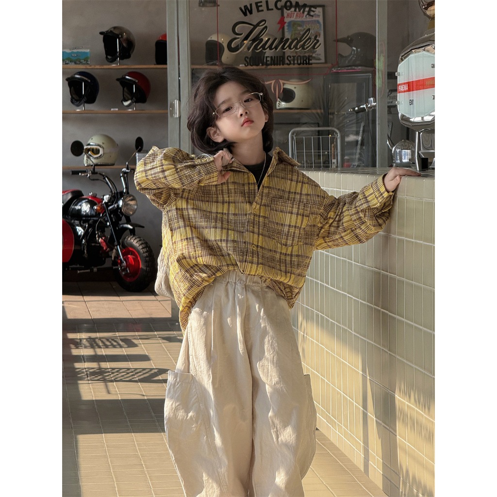 A27 เสื้อเชิ้ตเด็กลายสก็อตสีเหลือง โอเวอร์ไซซ์ สไตล์เกาหลี เท่ๆ ใส่สบาย