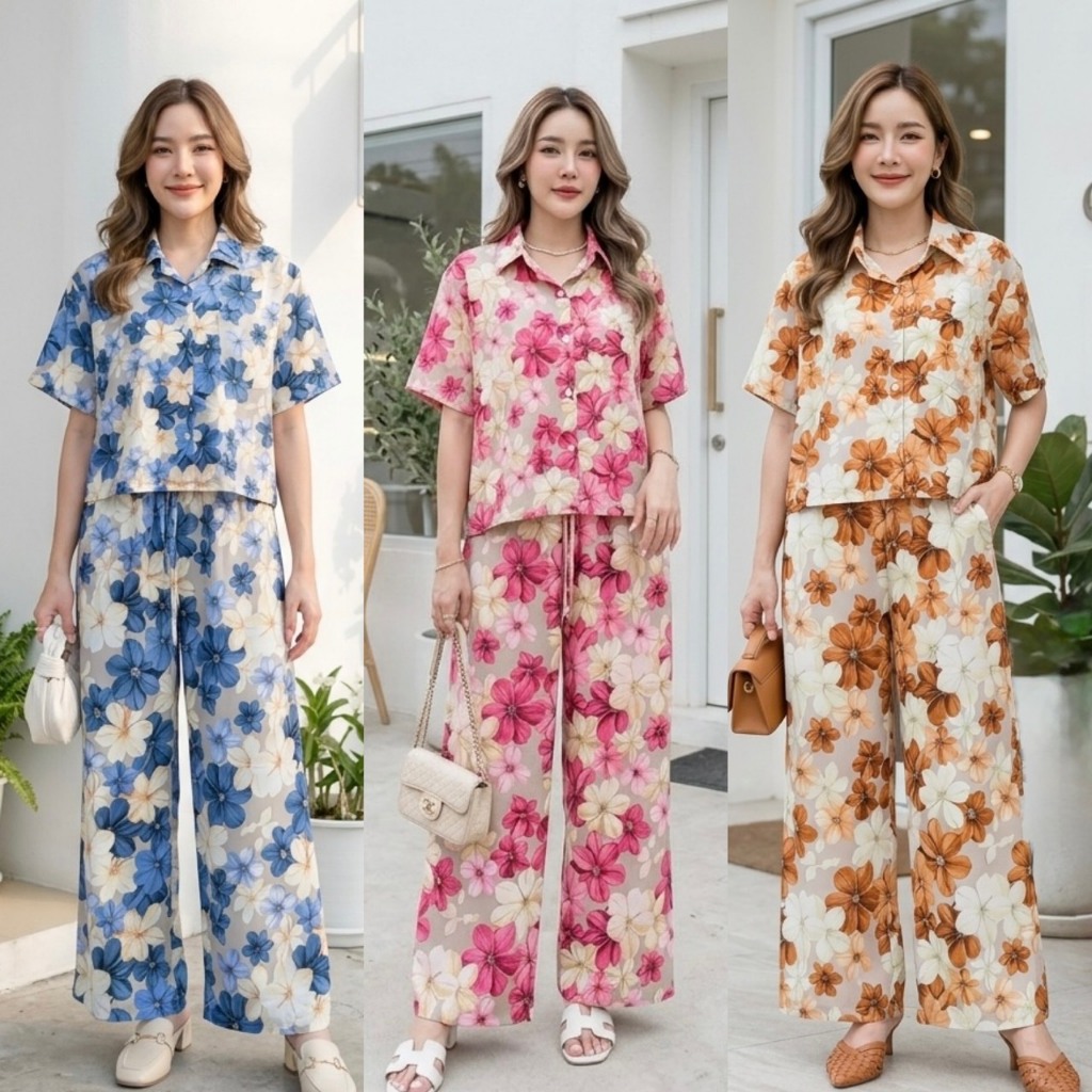 Silla เซ็ตลายดอก ลีลาวดี รุ่น Flowers F18 โทนสีสดใส เนื้อผ้าไหมอิตาลี ผ้าพริ้วนุ่ม ใส่สบาย ลายสวย