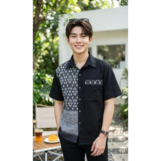เสื้อพื้นเมืองผู้ชายคอเชิ้ต ทูโทนลายไทย