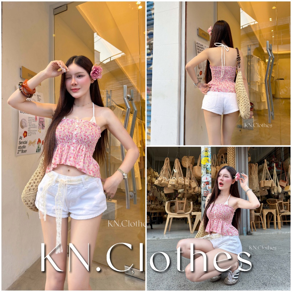 Blossom top : เสื้อเกาะอกสม็อค แต่งสายบิกินี กระดุมดอกไม้ เนื้อผ้าคอตตอน KN.Clothes