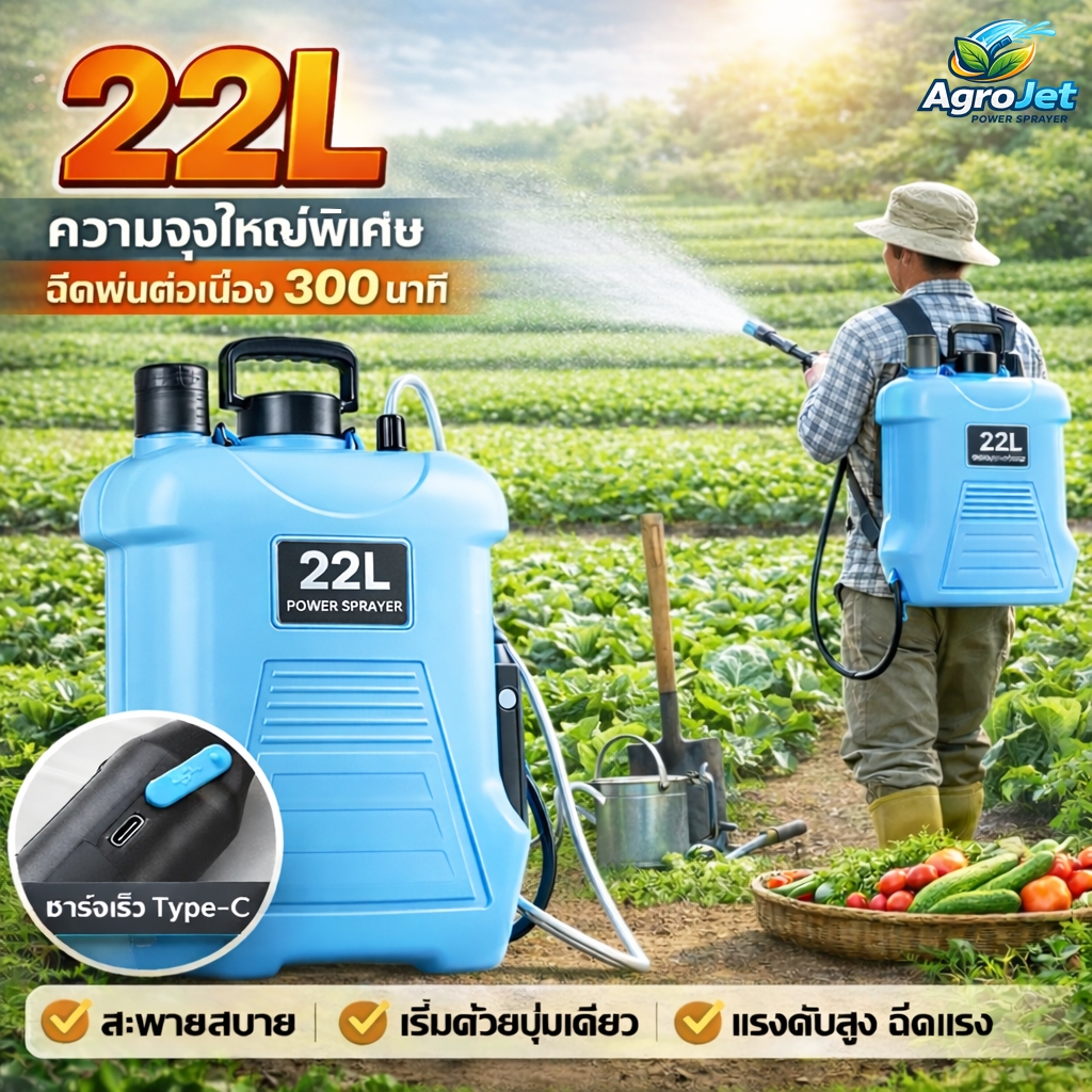 【แถมหัวฉีด 3 หัว】เครื่องพ่นยาแบตเตอรี่ 22L สตาร์ทด้วยปุ่มเดียว ชาร์จแบต USB รดน้ำ/ฉีดพ่น/ฆ่าเชื้อ ถังพ่นยา เครื่องพ่นยา