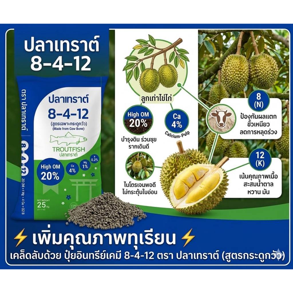 ปุ๋ยปลาเทราต์สูตร 8-4-12 แคลเซียม4%โบรอน0.2%กรดฮิวมิก ช่วยติดผล ลดการหลุดล่วง ขยายผล สร้างเนื้อ เข้าสี ขนาด25กิโลกรัม