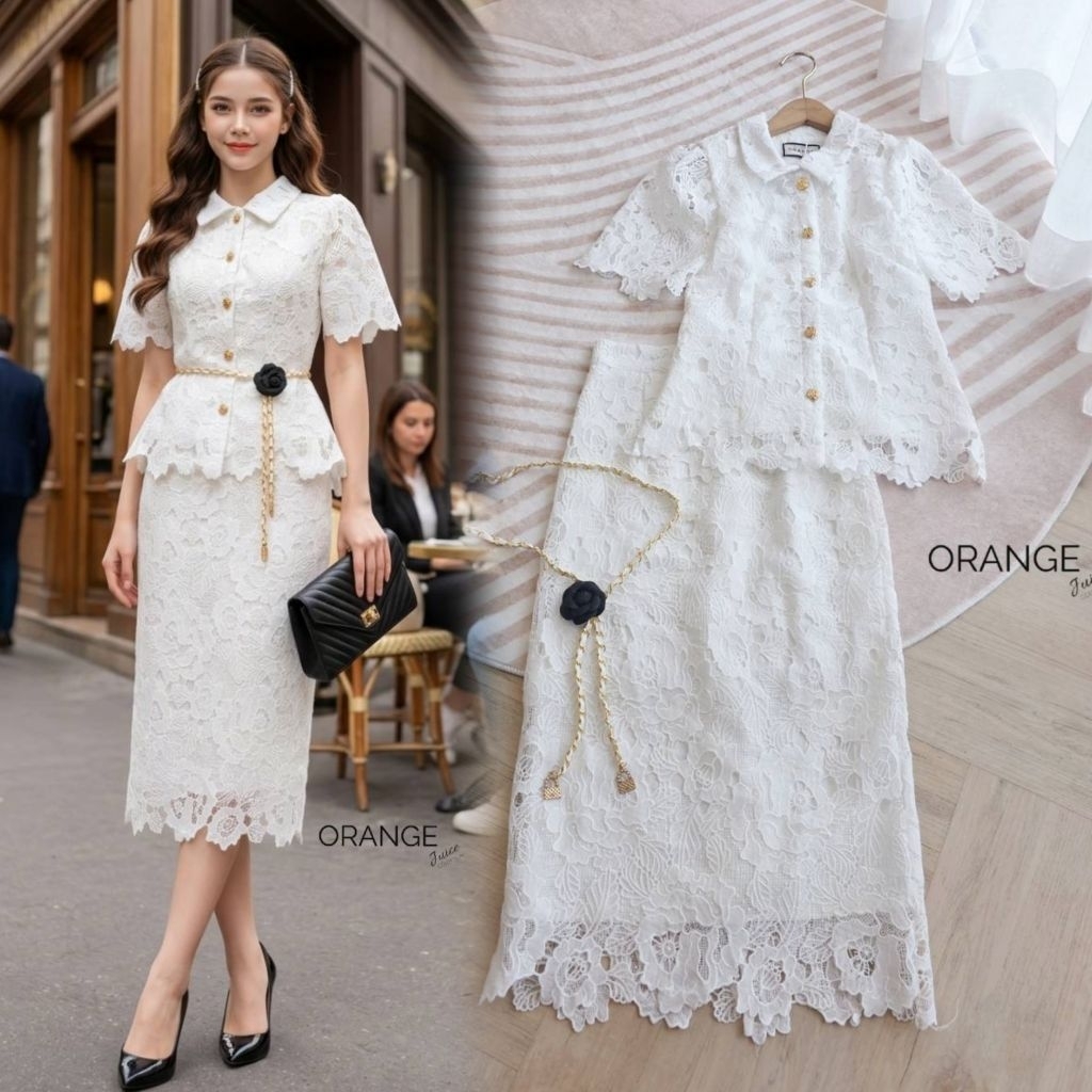 ครบไซซ์ S-5XL❗ชุดเซ็ตลูกไม้ขาวสวยสง่า Set3ชิ้น ชุดสาวอวบ,เสื้อแขนสั้นกระดุมหน้า+กระโปรงทรงสอบ+เข็มขัด ป้าย Orange Juice