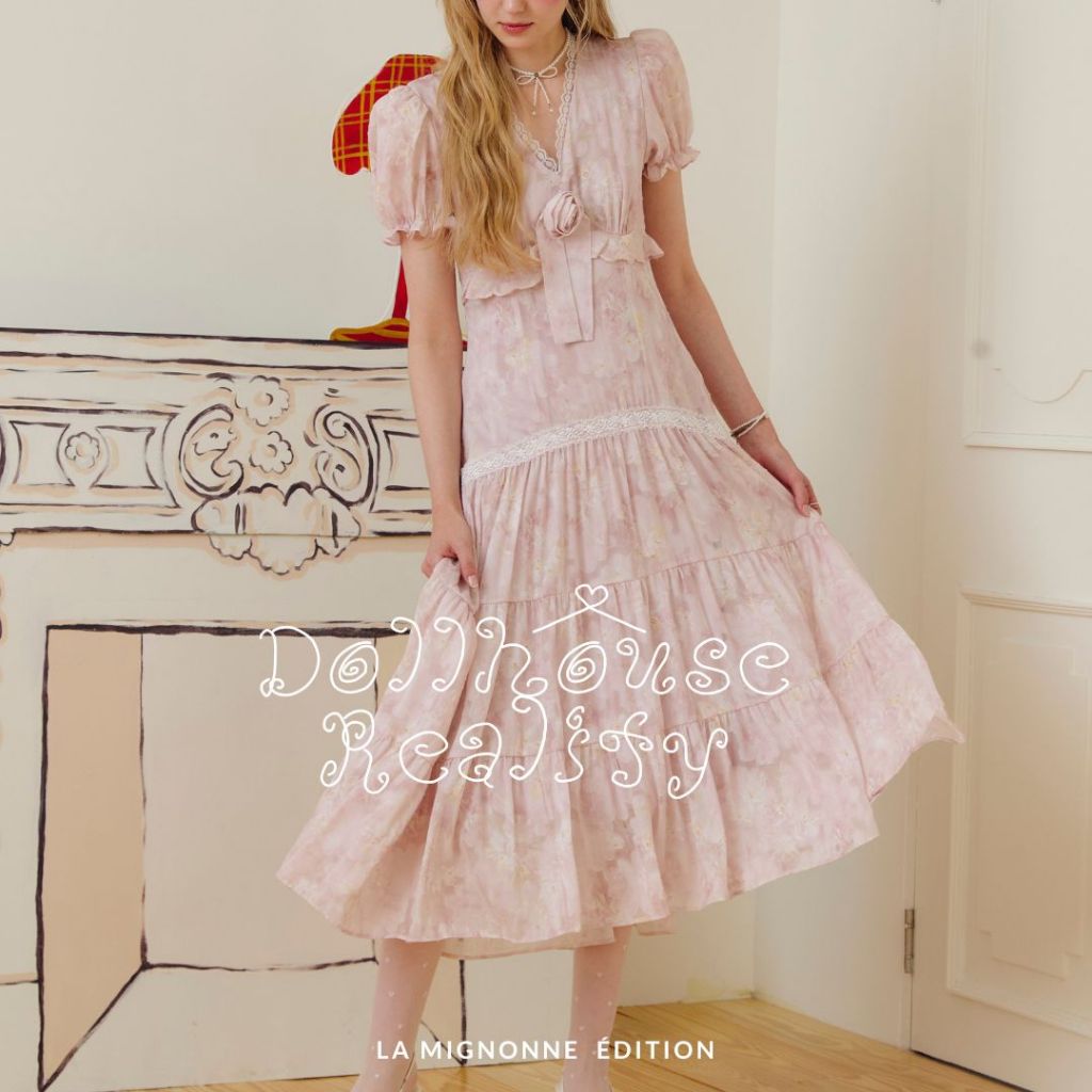 La Mignonne (XS-3XL) Florina  Rosalia Drees เดรสใส่ออกงาน หรือใส่เที่ยว งานแขนบอลลูน ดีเทลล์ลายดอกไม้หวานๆผ้านุ่มใส่สบาย