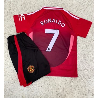 ชุดฟุตบอลเด็กสีแดงเบอร์7สกรีนชื่อRONALDOเสื้อ+กางเกง