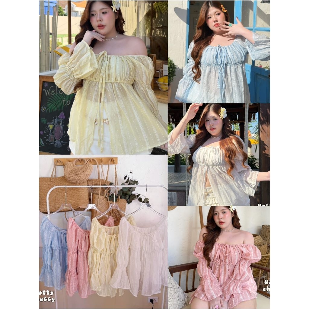 เสื้อปาดไหล่แขนยาว ทรงญาญ่า ผ้าโรซี่พิมพ์ลาย สวย เจ้าหญิงมาก