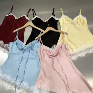 Cherry🦄พร้อมส่ง🌈เสื้อสายเดียวซาตินลูกไม้พรีเมียม ทรงเข้ารูปดีไซน์ผูกหลัง ใส่สบายชาย ลูกไม้นุ่ม แฟชั่นเซ็กซี่ สไตล์ผู้หญิ