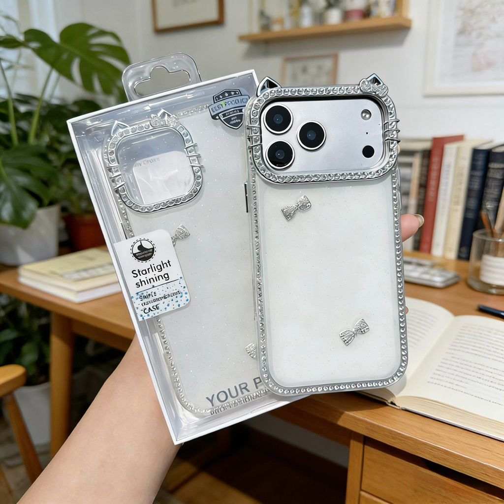เคสหูแมว ขอบเพชร สำหรับรุ่น iPhone 17 17Air 11 12 13 14 15 16 plus Pro Max