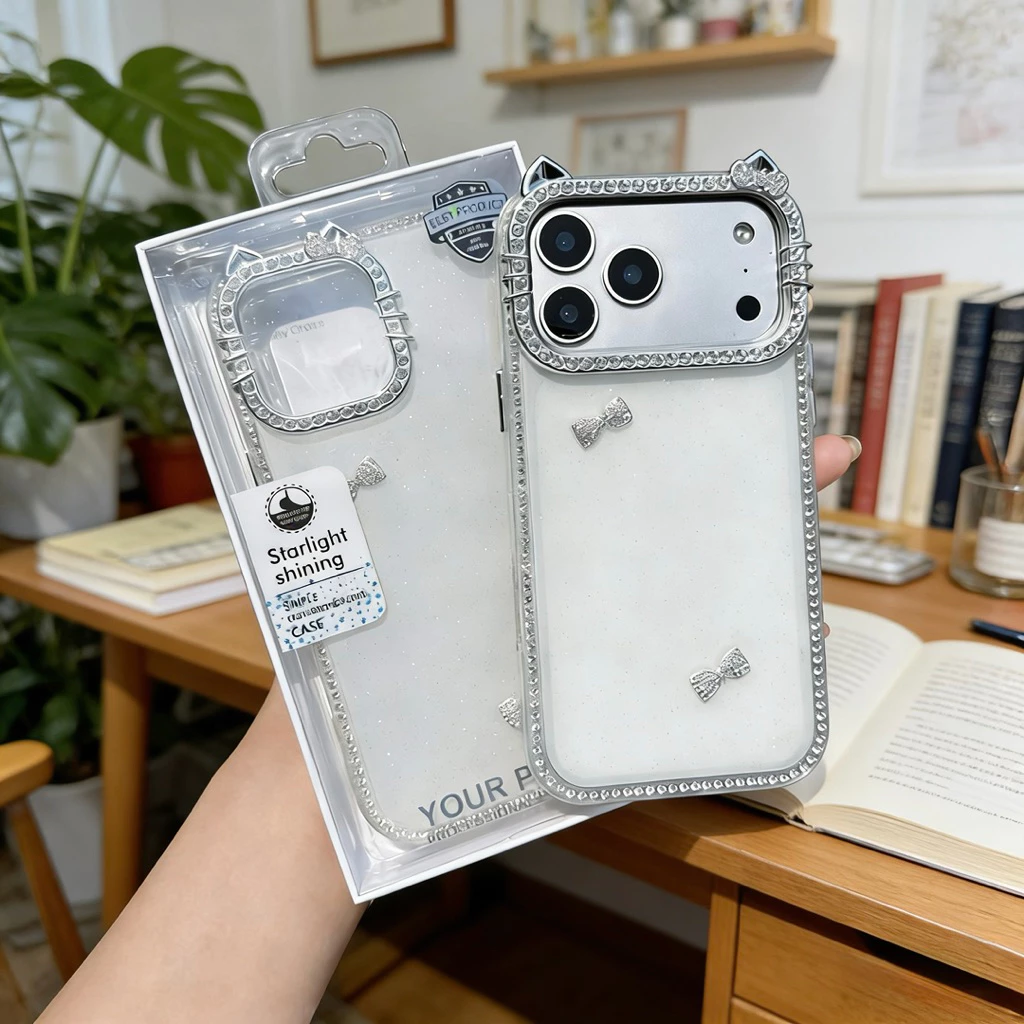 เคสหูแมว ขอบเพชร สำหรับรุ่น iPhone 17 17Air 11 12 13 14 15 16 plus Pro Max