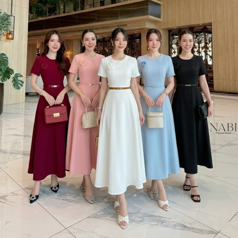 🚩ร้านโค้ดคุ้ม🚩 Nabi เดรส สีขาว สีดำ +เข็มขัด ใส่ออกงาน งานบุญ งานบวช งานแต่ง แฟนนาค