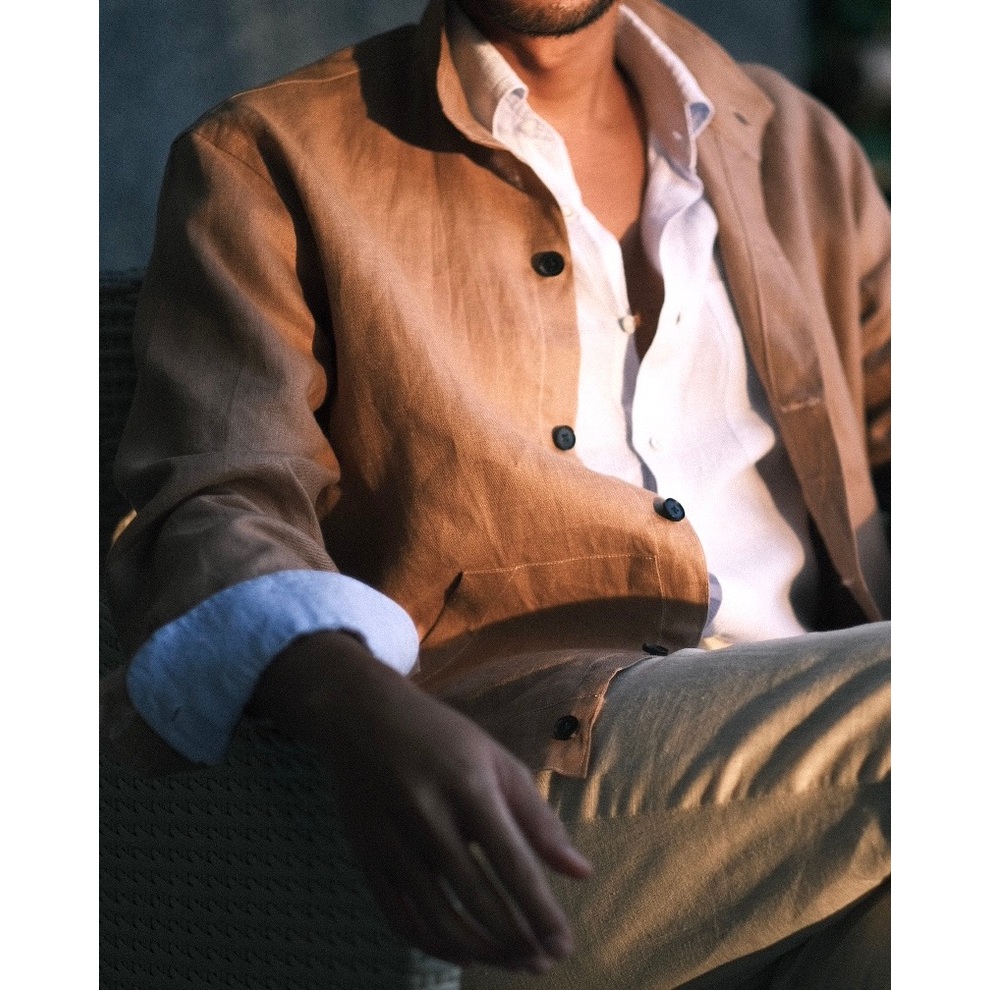 camel tan linen 2 pocket band collar blouson เสื้อบลูซงผ้าลินิน2กระเป๋าสีอูฐ