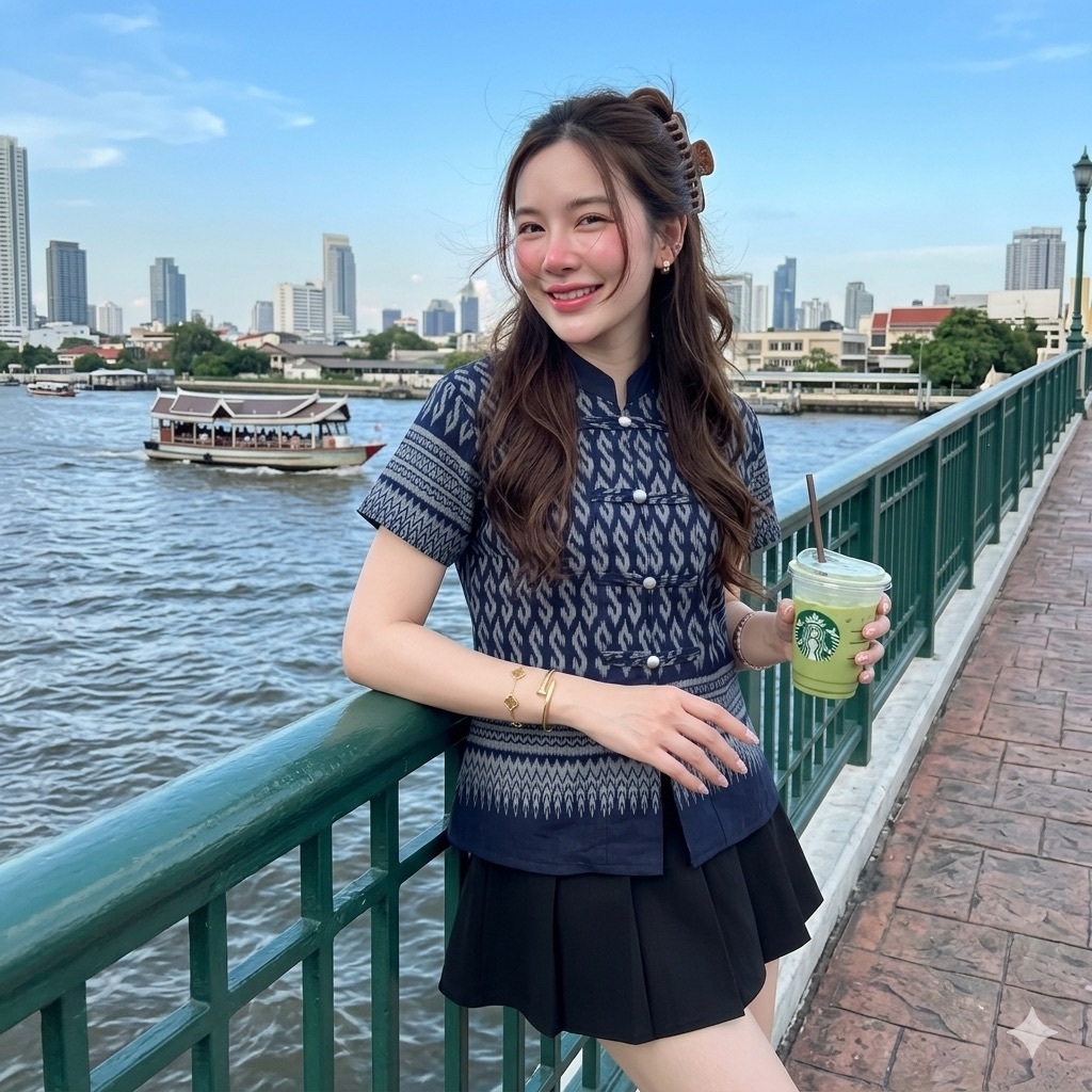 LANNA - เสื้อคอจีนแขนสั้นลายขอ เสื้อผู้หญิงใส่ทำงาน กระดุมแกะได้จริงทุกเม็ด ผ้าฝ้ายพิมพ์ลายทรงสวยใส่สบาย