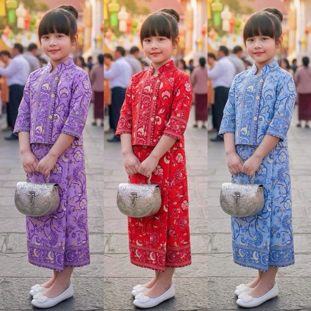 (รหัสFL) ชุดภาคใต้ ชุดสาวใต้ ชุดเด็กผู้หญิง ชุดผ้าปาเต๊ะลายดอกไม้พร้อมกระดุมรูปดอกไม้ให้ความน่ารักมากๆ