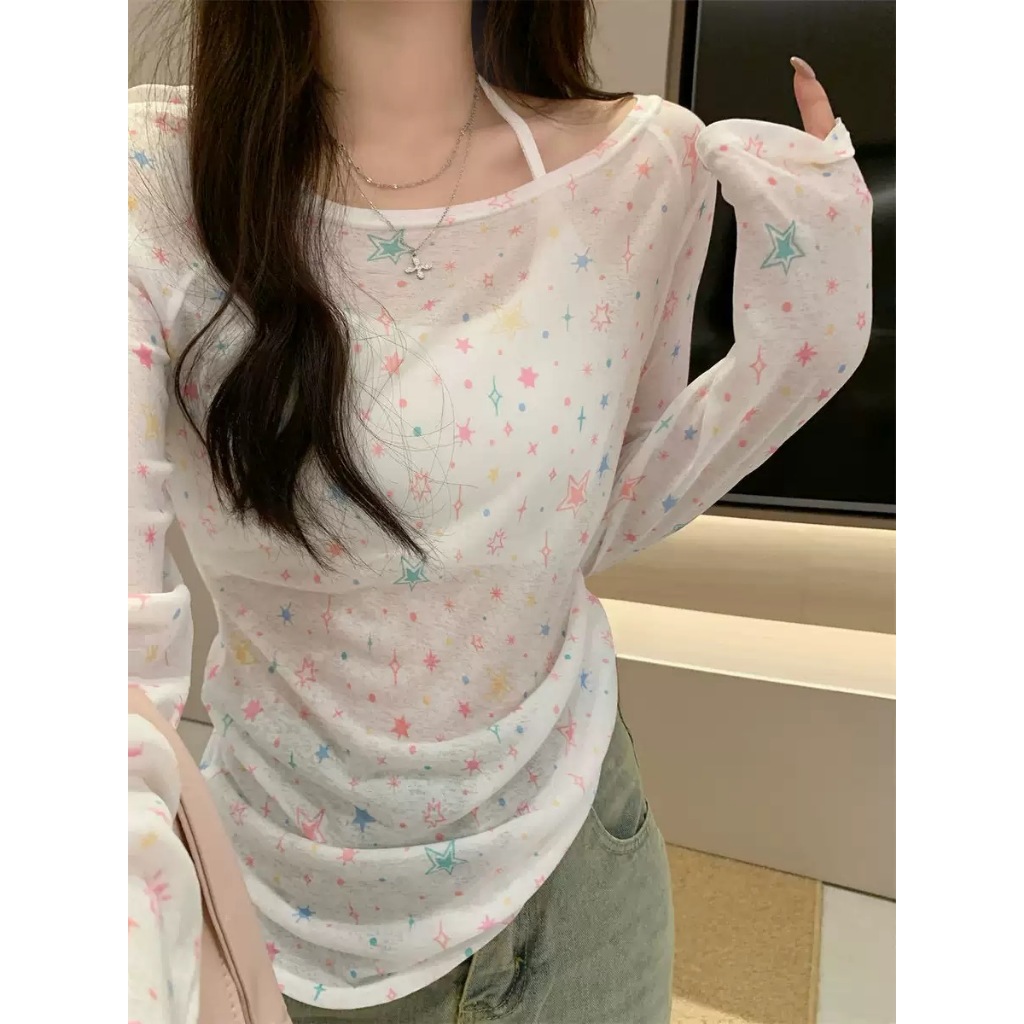 3616# เสื้อคลุมกันแดดแบบเปิดไหล่พิมพ์ลายดาว เสื้อแขนยาวเนื้อบางเบาโปร่งเล็กน้อย เหมาะสำหรับฤดูร้อน