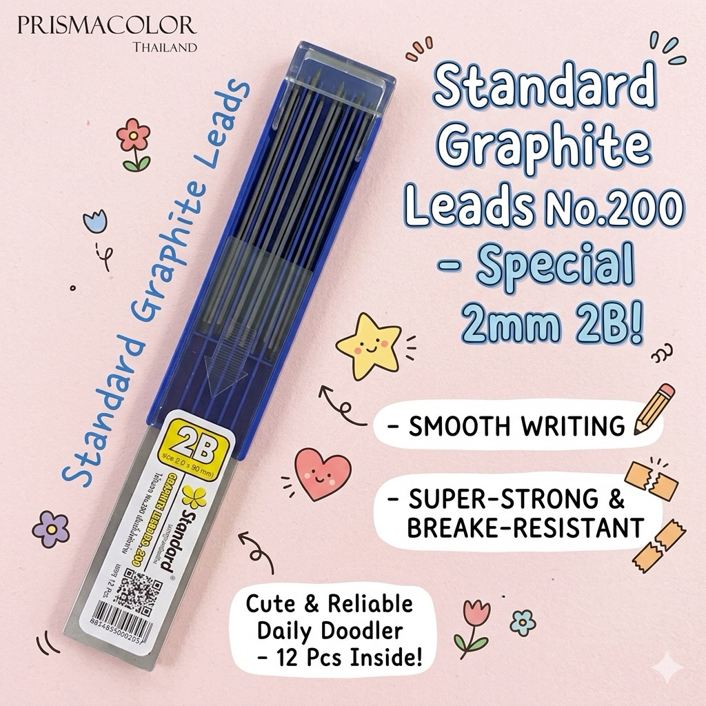 ไส้ดินสอ 2B 2.0 mm Standard Graphite Leads No.200 | ยาว 90 mm (12 ไส้/หลอด) เขียนลื่น ไม่หักง่าย