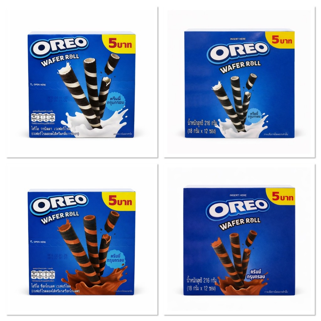 [1กล่อง12ซอง] Oreo โอรีโอ้ เวเฟอร์ โรล สอดไส้วานิลลา สอดไส้ช็อกโกแลต ขนาด 216กรัม