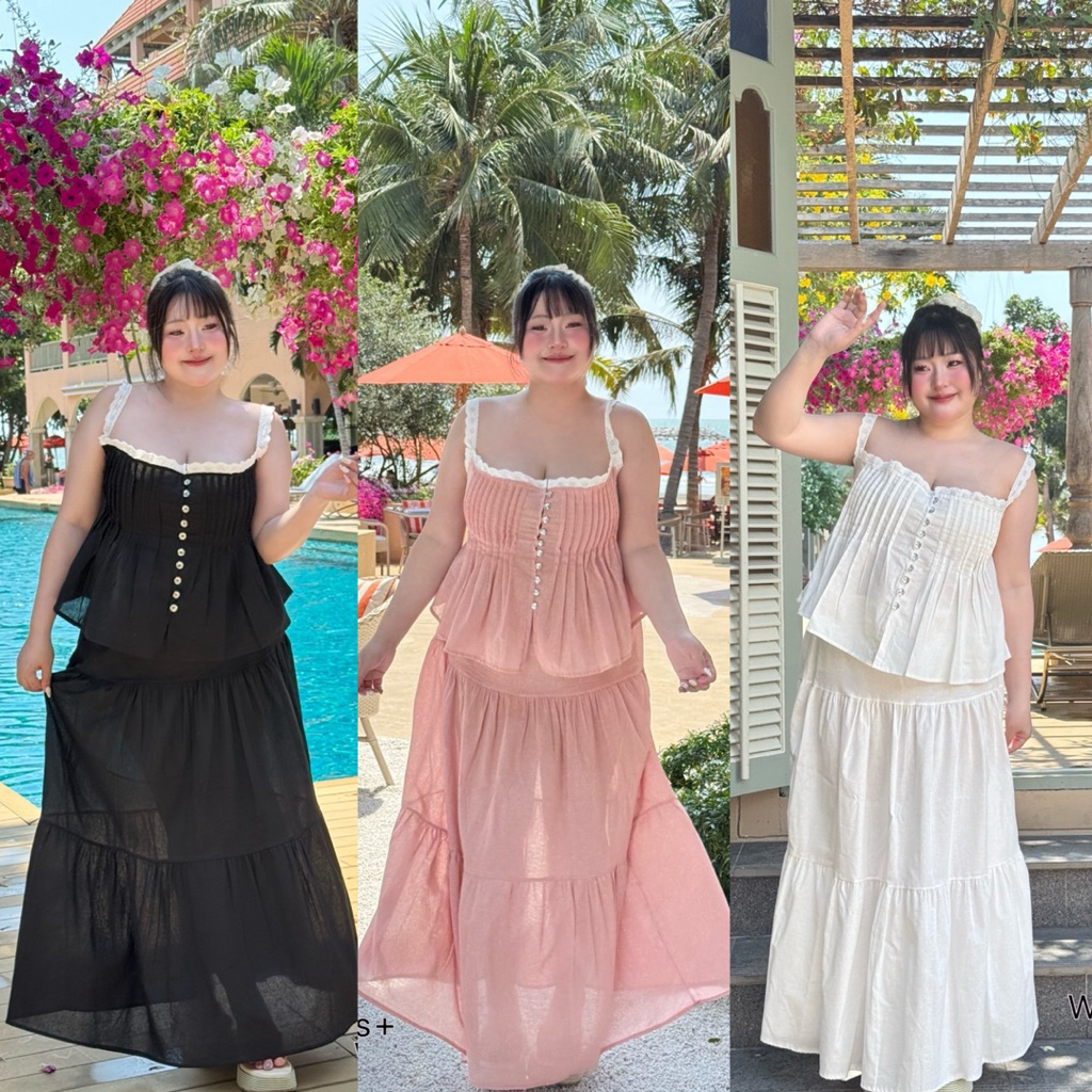 (WR) เซ็ตเสื้อสายเดี่ยว+กระโปรงยาว เสื้อแต่งจีบหน้า กระดุมเพชร แมทซ์คู่กันน่ารักมาก หวานสุดๆ เสื้อผ้าสาวอวบอ้วน ไซส์ใหญ่