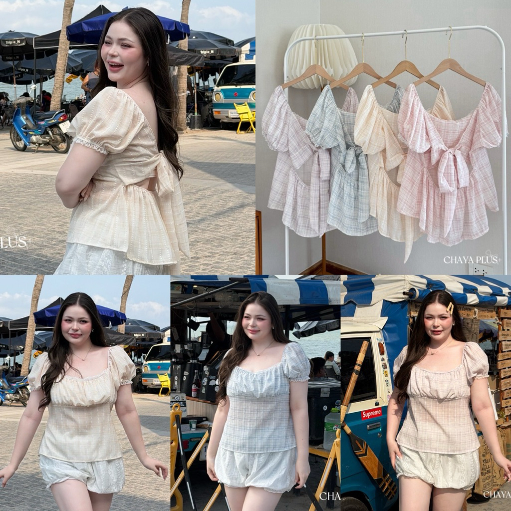 /LD/ เสื้อคอเหลี่ยมแขนตุ๊กตา มีไซส์อก38-52 แต่งลูกไม้ ดีเทลผูกโบว์หลัง #พลัสไซส์