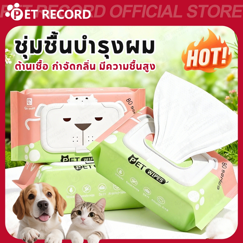【PET RECORD】🔥ทิชชู่เปียกสัตว์เลี้ยง 80 แผ่น ทิชชู่เปียกแมวสุนัข แผ่นเช็ดตัว ทำความสะอาด อ่อนโยน