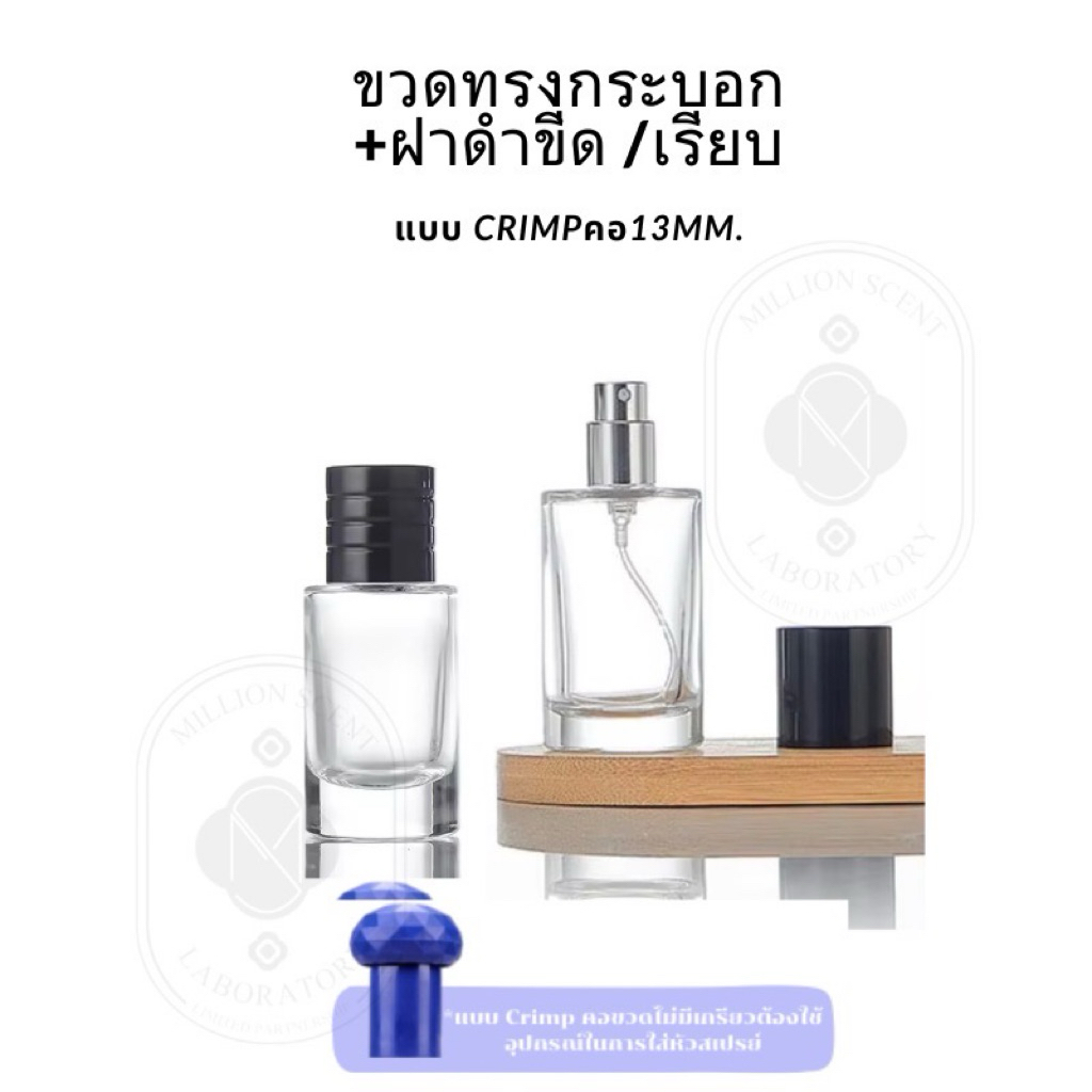 ขวดน้ำหอมทรงกระบอก ขนาด 25ml. ฝาดำเรียบ/ขีด  คอ13mm.