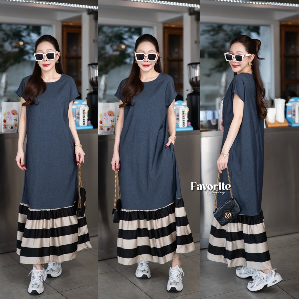 🌈🌿🌼🌺🌸💙🧡🇰🇷 Jeans Patch Stripe Bottom Sleeveless Maxi Dress