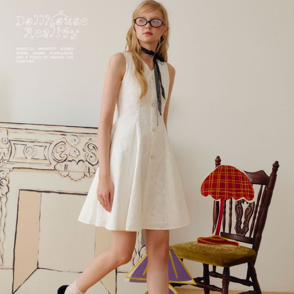 La Mignonne (XS-3XL) Andrea Ezra Dress เดรสใส่ทำงาน ใส่เที่ยว ดีเทลล์กระดุมมุก งานปักทั้งชุด กระโปรง