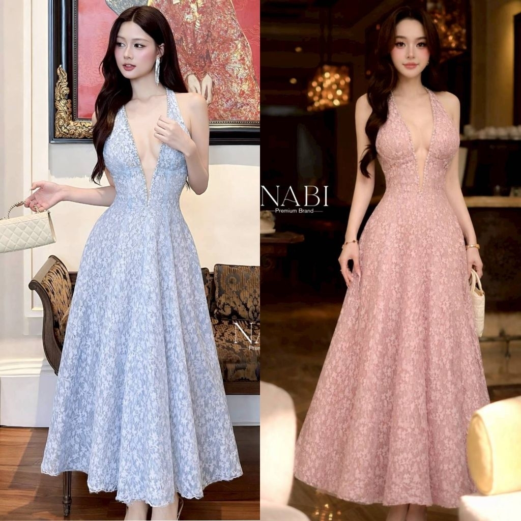 NABI เดรสยาวคล้องคอ ผ้าลูกไม้โทนสีพาสเทล ดีไซน์คอวีลึกทรงหรู เซ็กซี่แบบมีคลาส