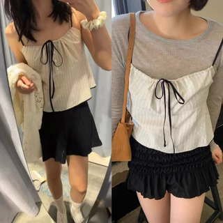 STR พร้อมส่ง❄️🫐เสื้อสายเดี่ยวลายทาง เสียครอป มีกระดุมหน้าเชือกรูดได้ ทรงสวยแมทง่าย สไตล์มินิมอล ลำลอง แฟชั่นสาวเกาหลี