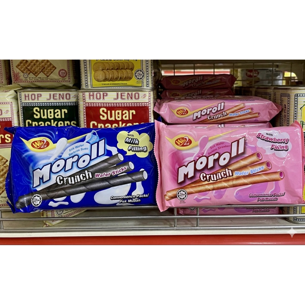 ขนมเวเฟอร์แบบแท่ง Win2 Moroll Crunch Wafer Sticks ขนาด 90 กรัม มีรสนม และรสสตรอเบอร์รี่