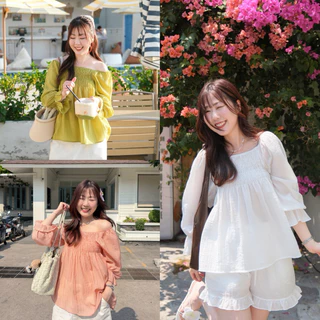 Pudding top🍮Chakiya.store❣️เสื้อคอเหลี่ยมสม็อคยางยืดช่วงอก แขนยาว
