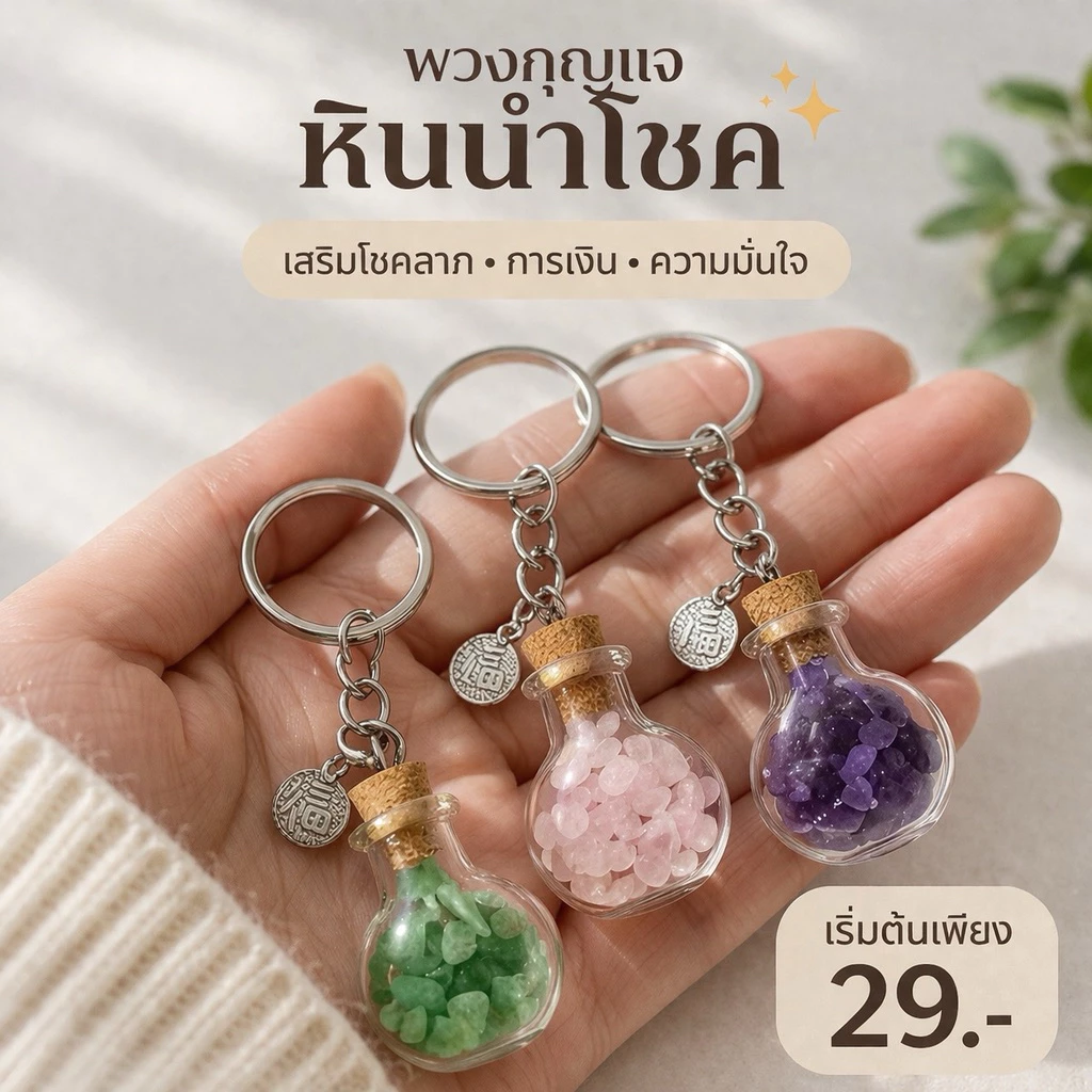พวงกุญแจหินนำโชคแท้ 10 ชนิด ขวดแก้วจิ๋ว หินมงคล สายมู ✨ จี้เงิน Fu (福) เสริมดวงรอบด้าน โชคลาภ การเงิน พกติดตัว
