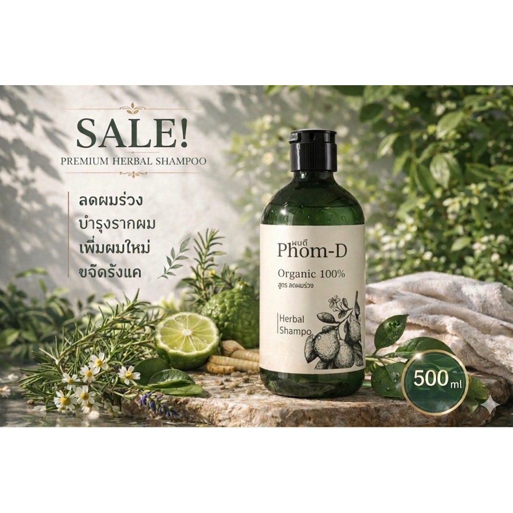 แชมพูสมุนไพร ลดผมร่วงPhom-D(organic)500ml