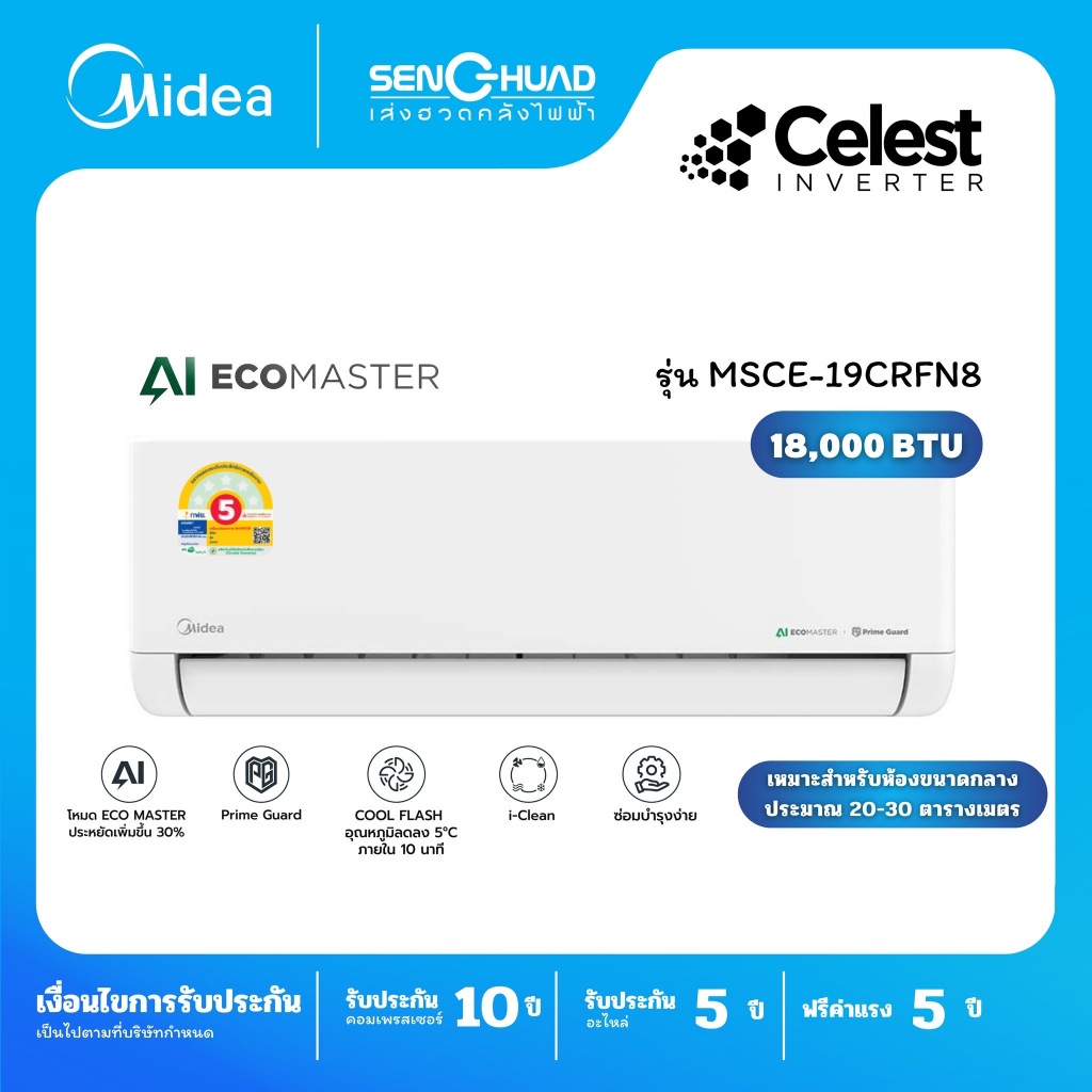 แอร์ MIDEA เครื่องปรับอากาศ CELEST SERIES รุ่น MSCE-19CRFN8 ระบบ Inverter ขนาด 18,000 BTU (ราคาเฉพาะ