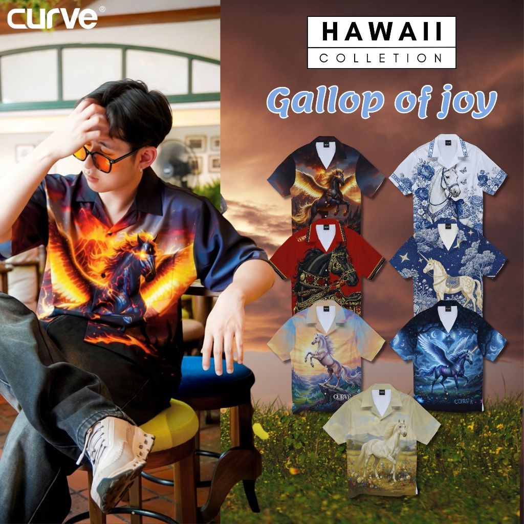 Curve เสื้อเชิ้ตฮาวาย Gallop of Joy (ไซส์ S,M,L,XL,2XL,3XL,4XL,5XL) เนื้อผ้าใส่สบาย