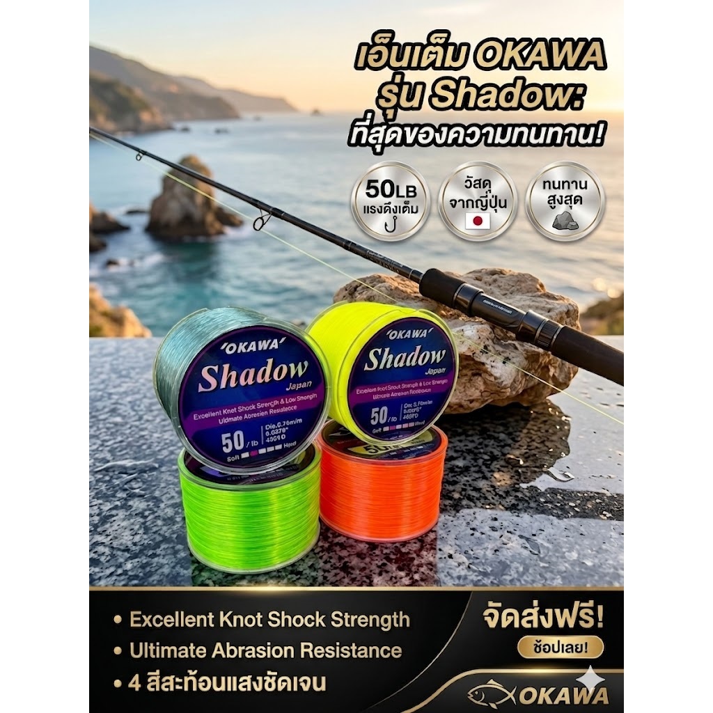 เอ็นเต็ม OKAWA รุ่น Shadow มี 4 สี ส้ม - เขียวตอง เอ็นเหนียวนุ่มลื่นตีไกลจมน้ำไว วัตถุดิบจากญี่ปุ่น