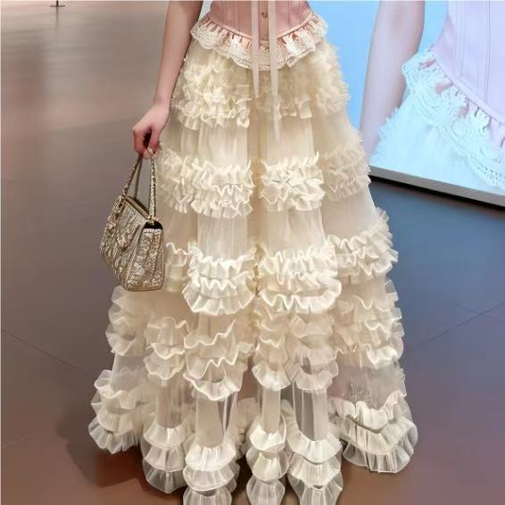 [Sheing office]🌟พร้อมส่ง🌟กระโปรงทรงเอไลน์ยาวสำหรับผู้หญิง เอวสูง ประดับตกแต่งอย่างหรูหรา หลายชั้น พองฟู สีพื้นเรียบ