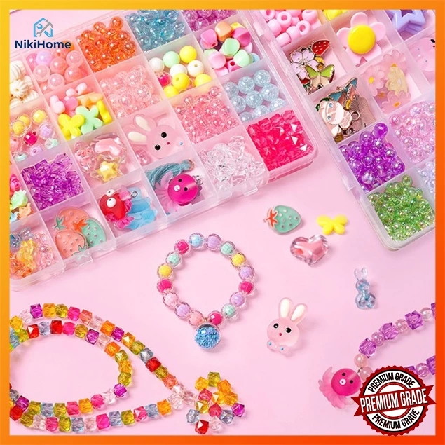 ชุดลูกปัด DIY สำหรับเด็กผู้หญิง สร้อยคอ-สร้อยข้อมือแฮนด์เมด + ลูกปัดเรืองแสง 450 ชิ้น ชุดคราฟท์เสริมทักษะแบบโบฮ