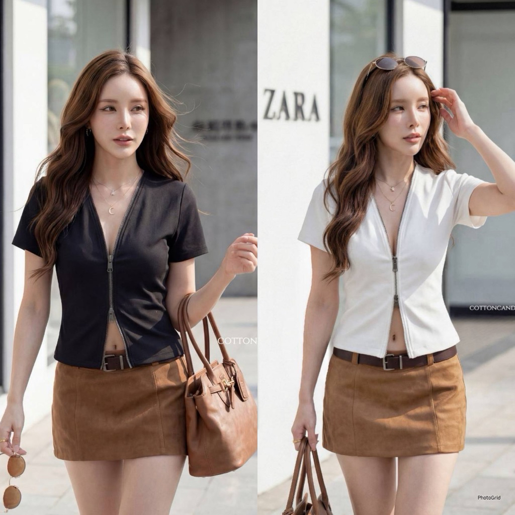 Terra top เสื้อผ้าเทพพรีเมี่ยมแขนสั้น ดีเทลแต่งซิป 2ทาง สวยมาก ตัวอะไหล่ซิปพรีเมี่ยม ผ้ายืดเด้งอย่างดี ทรงสวยปั้ว