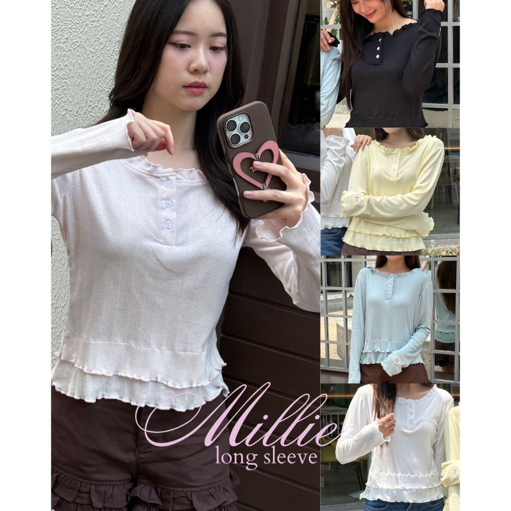 [สีใหม่เข้าเเล้ว! ผ้าคนละลาย)] Mille long sleeve เสื้อแขนยาวผ้าร่องยืดลายฉลุ | dressylismm