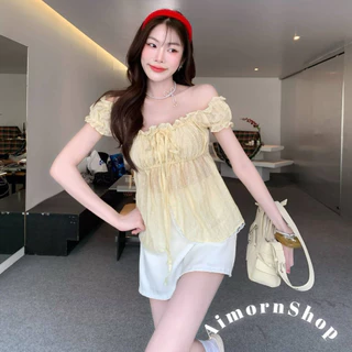 🔥aimorn_shop 🔥เสื้อสม็อคแขนตุ๊กตา ใส่ขึ้นไหล่ หรือปาดไหล่ได้ ผูกโบว์น่ารักๆด้านหน้าแหวก แต่งขอบลูกไม้สวยมาก