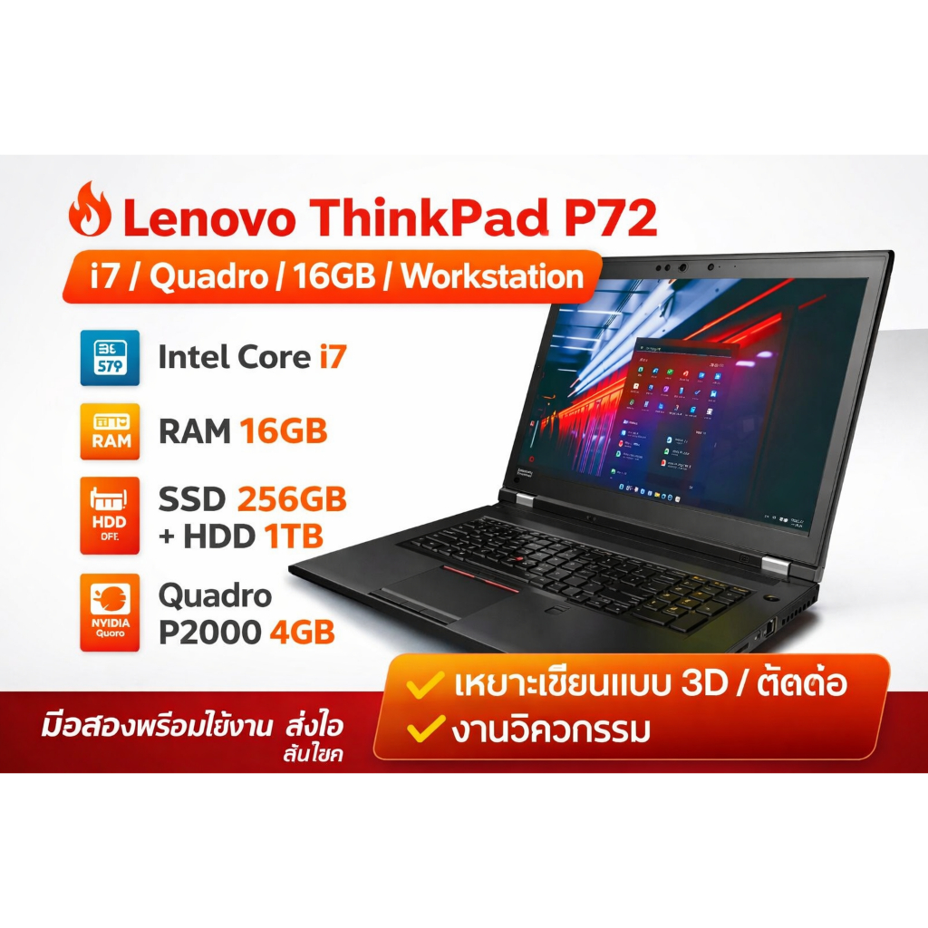 ThinkPad P72  Core i7 Gen8 RAM16 SSD+HDD Quadro P2000= 4GB โน้ตบุ๊ค Workstation เขียนแบบ 3D CAD