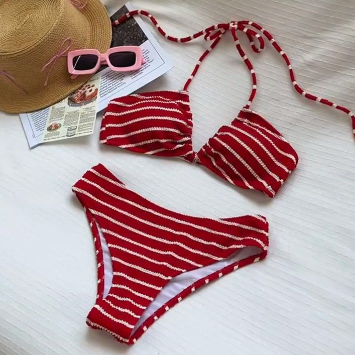 swim girlบิกินี่ชุดว่ายน้ํา ชุดว่ายน้ําทูพีช สาวอวบ red bikini มีฟองน้ำ beach