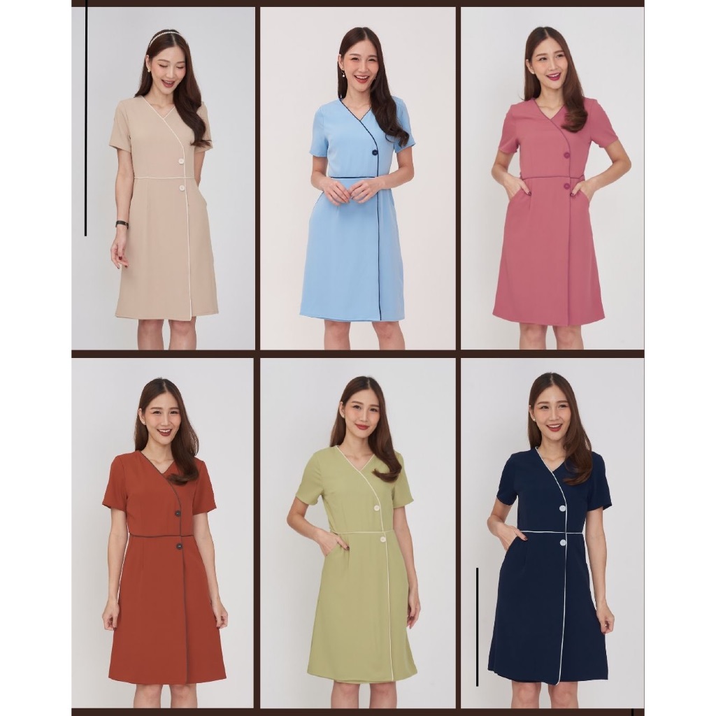 Laboratory 8797# เดรสคอวีป้ายสีพื้น แต่งกุ้นขอบ ไซส์ S-3XL